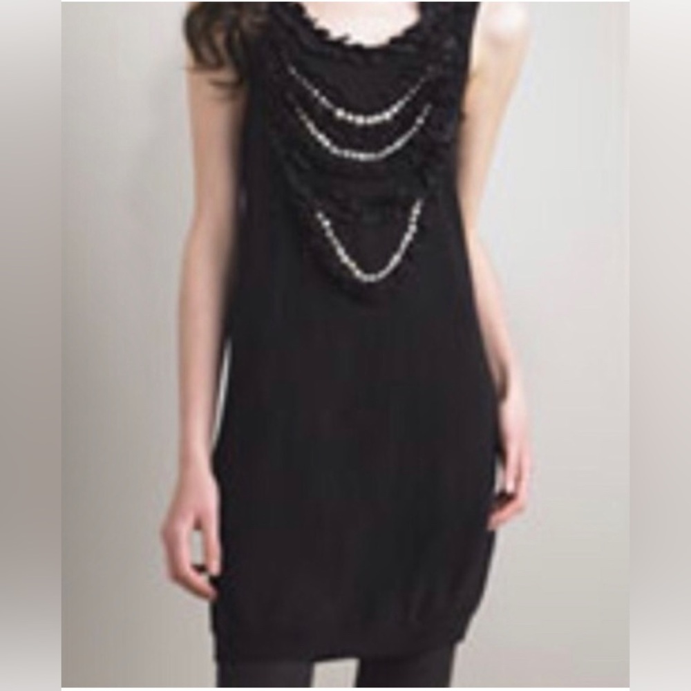 Nanette Lepore Black Merino Wool Pearl Front Sleeveless Sheath Sweater Dress